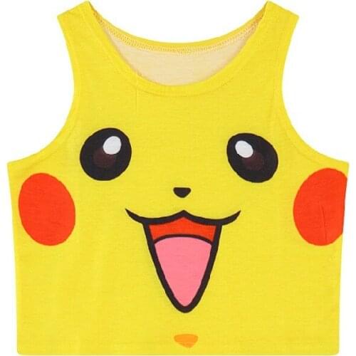 Pokemon Cartoon Print Cute Pikachu Sleeveless Vest Womens Slim Short Cropped Umbilical Wear Kawaii Fashion Casual Clothing