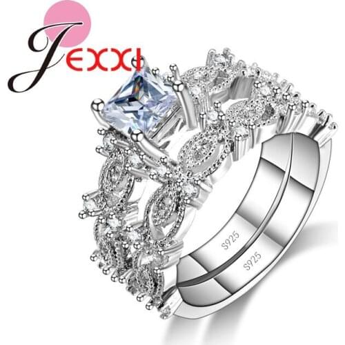 Trendy Clear CZ Stones Bridal Women Wedding Finger Rings Accessory 925 Sterling Silver Promise Ring Set Lady Jewelry