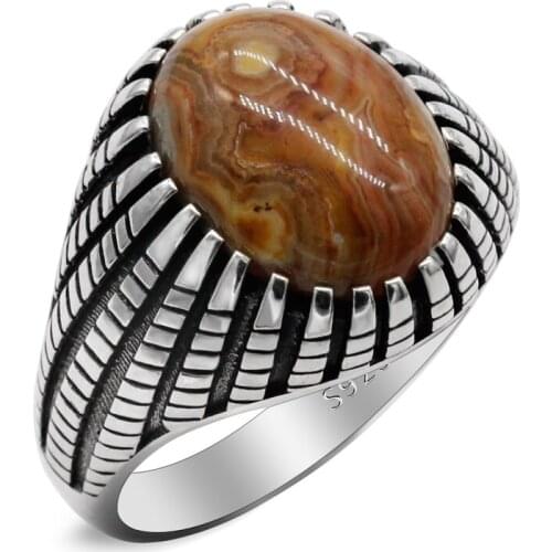 925 Sterling Silver Simple Personality Natural Crazy Agate Stone Mens and Womens Rings Retro Trend Turkish Mens Wedding Rings