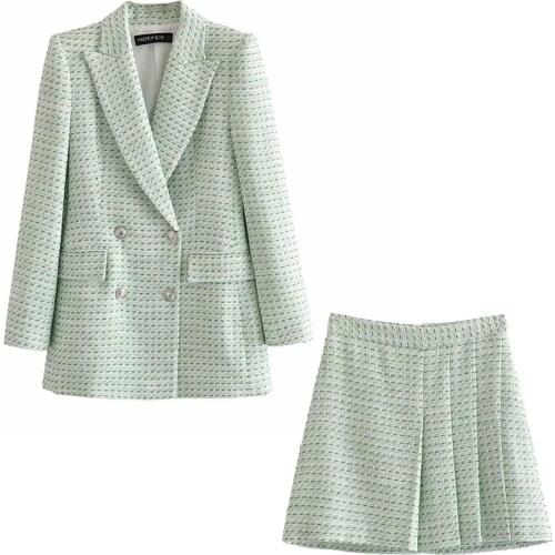 2021 New Women Two Pieces Set Textured Checkered Blazer and Pleated Short Skirt Suit Fashion Casual Chic Lady Women Outfits Suit