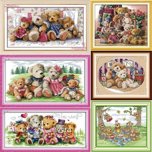 Oneroom Happy Bear family the teddy bear DMC Frabric DIY handwork Embroidery Chinese Cross Stitch Kits Cross-stitch set