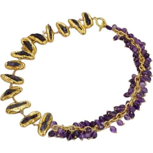 JK Natural Purple Amethyst Rough With Electroplated Asymmetric Necklace 18" For Women