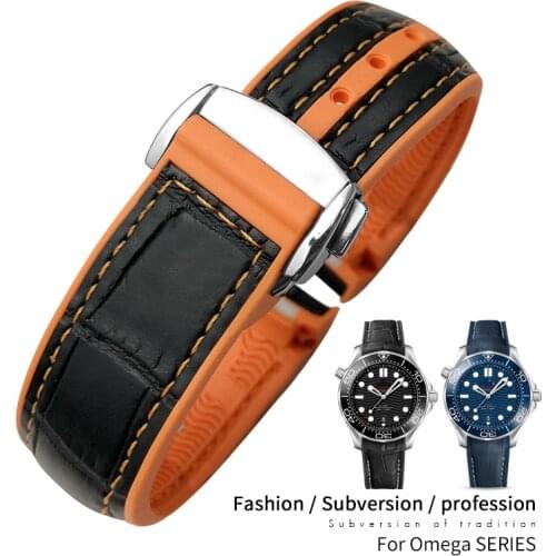 20mm 22mm High Quality Leather Cowhide Rubber Watchband fit for Omega Seamaster Planet Ocean 600 GMT Orange 19/21mm Watch Strap