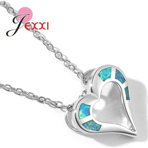 Popular 925 Sterling Silver Heart Shape Charm Blue Opal Pendant Necklaces For Women Accessories Wedding Jewelry Girl Gift