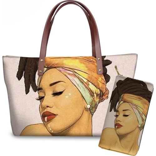 NOISYDESIGNS Luxury Design Women Purse&Handbags Black Art African Girls Printing 2pcs/set Top-Handle Bags Ladies Shoulder Bag