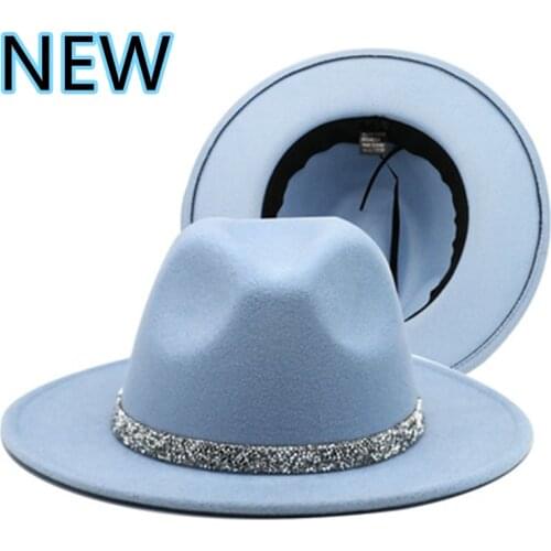 Free Shipping 60cm Blue Fedora Hat Womens Woolen Top Hat Fall/Winter Outdoor Mens Jazz Hat Color-blocking Big Brim Hat