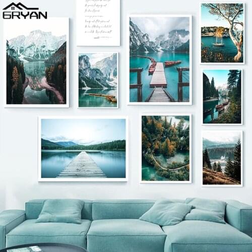 Scandinavian Landscape Canvas Print Painting Wall Art Forest Sky Lake Boat Snow Mountain Nordic Modren Poster Decoration Picture