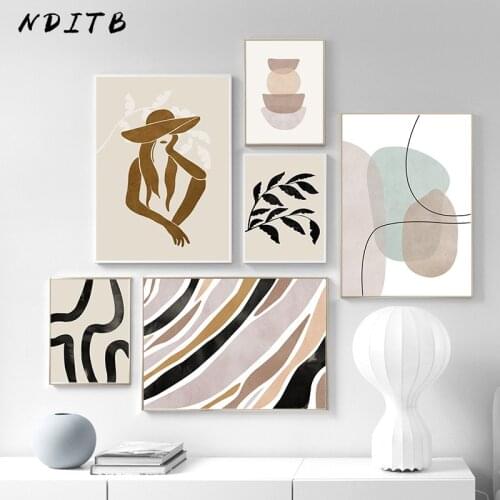 Contemporary Abstract Painting Nordic Geometric Leaf Wall Canvas Poster and Print Modern Woman Artwork Picture Living Room Decor