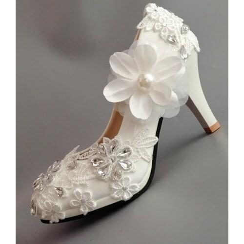 9CM heel flower applique lace designer wedding shoes bride white lace silver crystal rhinestones flower girl party bridal pumps