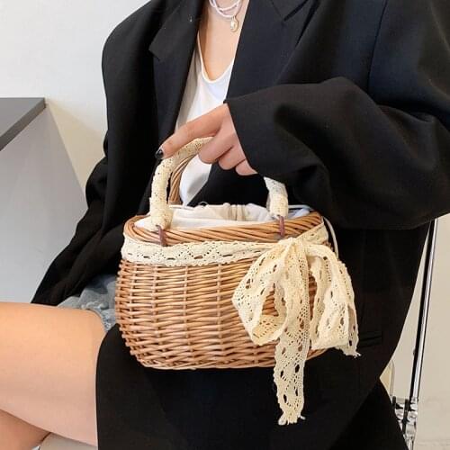 DikizFly Straw Bag Women Hand-Woven Handbags Basket Shape Lace Bow Rattan Bag Big Capacity Casual Beach Bags Totes Purses Sac