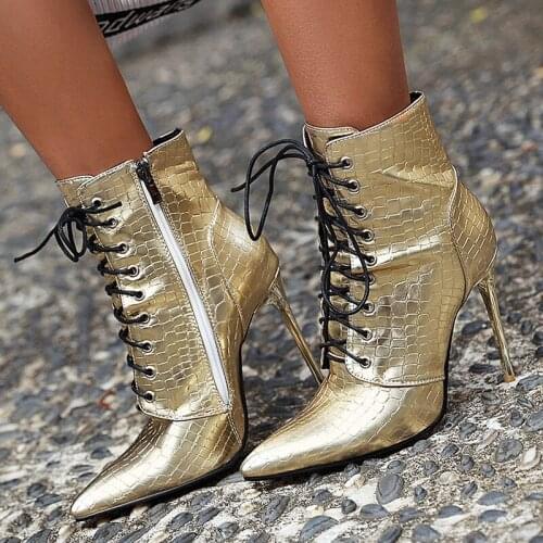2021 Luxury Women Boots 10cm High Heels Fetish Stripper Gold Booties Leopard Crocodile Print Silver Ankle Boots Pointy Shoes