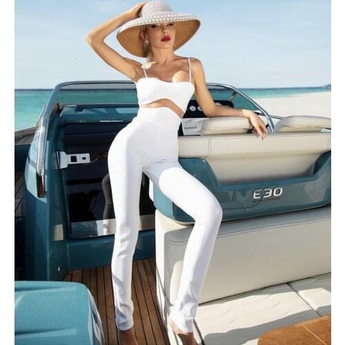 Women Sexy V Neck Lace Mesh White Bandage Jumpsuit 2021 Bodycon High Street Celebrity Boot Cut Jumpsuit Rompers