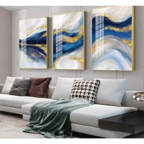 Golden Blue Abstract Ocean Canvas Painting Graphic Art Luxury Style Poster and Print Contemporary Wall Picture Home Decoration