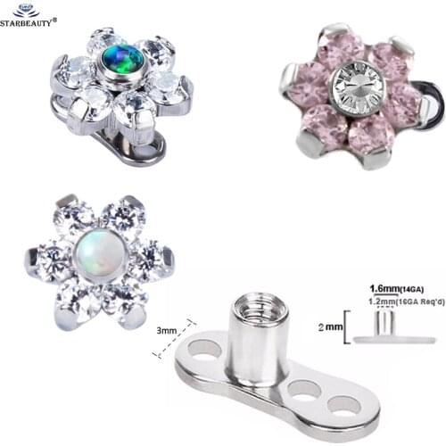 1Pc 16g Opal & Zircon Flower With Titaniuim Base Micro Dermal Ball Micro Dermal Anchor Piercings Surface Piercing jewelry