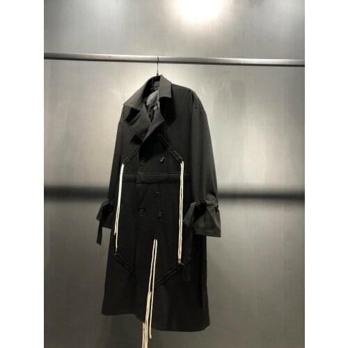 2020 mens long flowing rope black trench coat loose osoverszie over the knee coat