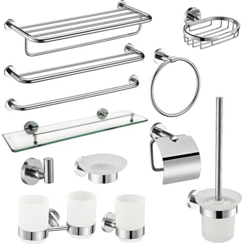 304 Stainless Steel Bathroom Glass Shelf Cup Soap Holder Towel Rack Bar Wall Toilet Brush Hanger Chrome Plating Accessories Set