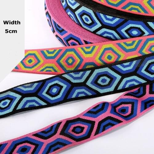 5cm Width National Jacquard Rubber Band High Elastic Geometry Ribbon Colorful Plaid Clothes Waist Hem Decoration Webbing