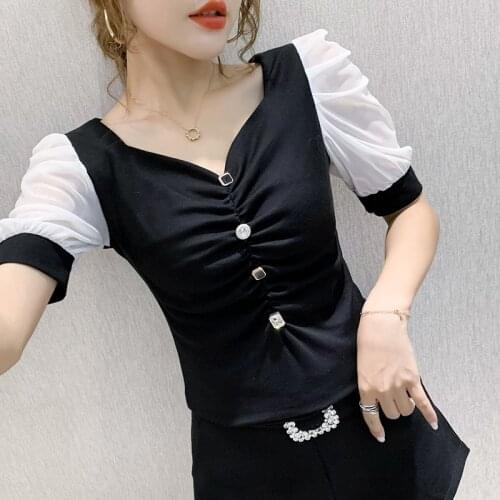 #5978 Summer Spliced Color Women T Shirt Spliced Mesh Puff Sleeve Sexy Basic T Shirt Women Buttons Tight T Shirt Femme Elastic