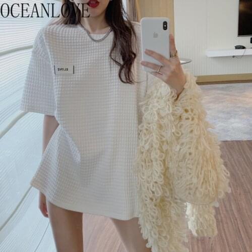 OCEANLOVE T Shirt Women 2021 Spring Summer Letters Korean Fashion Solid Short Sleeve Office Lady Long Tops Ropa Mujer