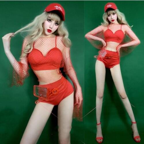 Nightclub DJ DS Stage Performance Set Red Mesh Tops Bikini Suit Female Singer Jazz Gogo Pole Dance Clothing Rave Outfits DWY6127