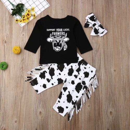 Pudcoco Newborn Baby Boy Girl Clothes Cow Print T-Shirt Tops Tassel Long Pants Bowknot Headband 3Pcs Outfits Clothes