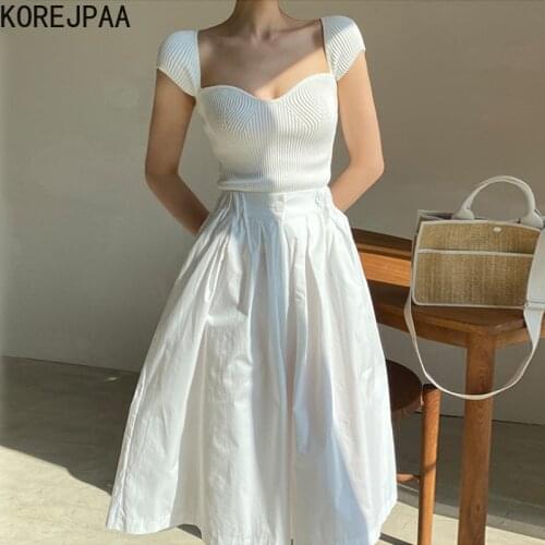 Korejpaa Women Dress Sets 2021 Korea Chic Elegant Sexy Slim Knit Sweater and High Waist and Long Skirt Trouser White Skirt Suit
