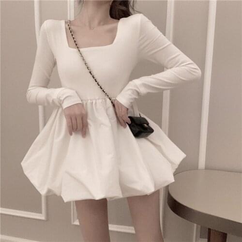 2020 New Summer Mini Ball Gown Dress Sexy Square Collar High Waist Puff Dress Slim Long Sleeve White Fairy Party Dress Vestidos