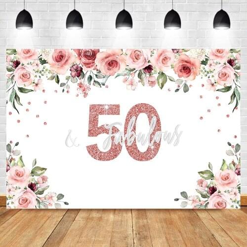 NeoBack 50th Birthday Photo Backdrop Watercolor Flower Fifty Birthday Party Banner Rose Gold Vinyl Photography Background