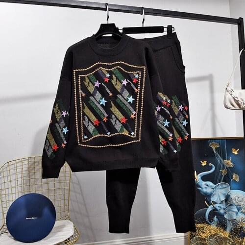 Fashion Black Tracksuits Women Knitted Outfits Handwork Rivet Embroidery Sweater Pencil Pants 2 Piece Set Female Loose Knit Suit