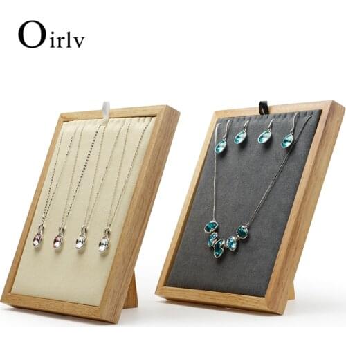 Oirllv New Solid Wood Pendant Necklace Display Stand Earring holder Beige or Dark Gray Microfiber insert jewelry Exhibitor
