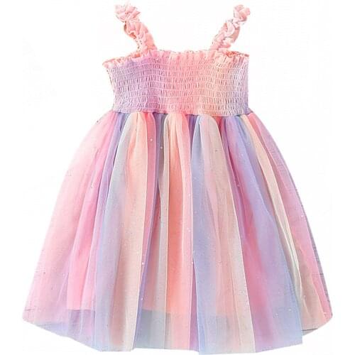 Little Girls Suspender Dress Summer Children Creative Rainbow Color Mesh Slip Princess Skirt for Travel Vacation