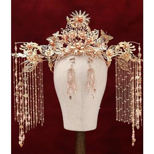 Luxury Golden Chinese Style Dragon and Phoenix tiara Bridal Headwear New Style Elegant Crown Vintage Tassel Wedding hair jewelry