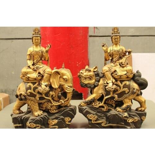 Wholesale factory Tibet Bronze 24K Gold Buddhism Wenshu Puxian Kwan-yin Ride Elephant Lion Statue 25% off
