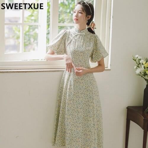 SWEETXUE Womens Summer 2021 Vintage Chinese Style Floral Print Puff Sleeves Temperament Long Dress Vestidos Mujer Female