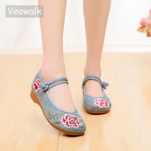 Veowalk Jacquard Cotton Women Embroidered Ballet Flats Vintage Ladies Casual Mary Jane Strap Shoes Canvas Ballerinas Platforms