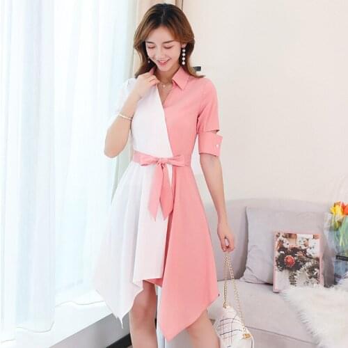 Women 2019 Summer New Patchwork Dresses Slim Fit Short-sleeved Irregular Dress Elegant Office Lady Dresses With Bow Belt