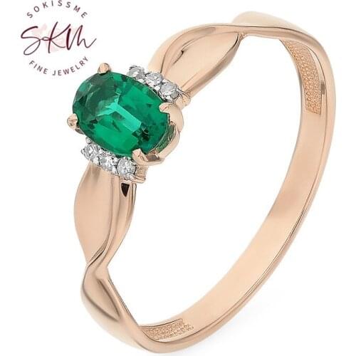 SKM Fashion emerald rings for women 14k rose gold vintage Engagement rings designer Promise Luxury Fine Jewelry