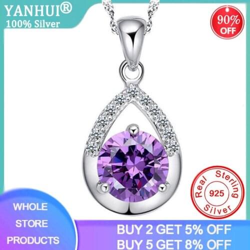 YANHUI Trendy 925 Sterling Silver Fine Jewelry Purple Geometric AAA Zircon Pendant Necklaces Simple Gift For Women With Gift Box
