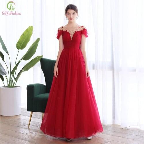 SSYFashion New Wine Red Banquet Elegant Evening Dress Sequins Beading Scoop A-line Long Prom Formal Gown Vestidos De Fiesta