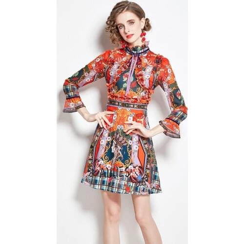 Vintage Printed Spring Mini Dress Women Stand Neck Long Sleeve High Waist Party Dress 2XL Luxury Ruffles Cotton A-Line C194