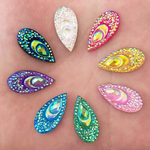 100PCS AB Resin 10*20mm Drop Peacock eye Flatback Rhinestone Scrapbook Wedding Applique Ornaments DIY Craft SK60*5