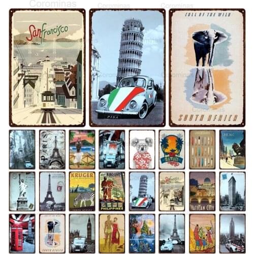 Abstract Style Landscape Iron Painting San Francisco Eiffel Tower Vintage Decorative Poster Metal Tin Sign Plaque Art Home Decor