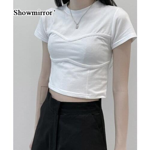Showmirror White Basic Knitted T-Shirt Women Short Sleeve O Neck Bodycon Summer Cropped Tops Casual Streetwear Lady Tees
