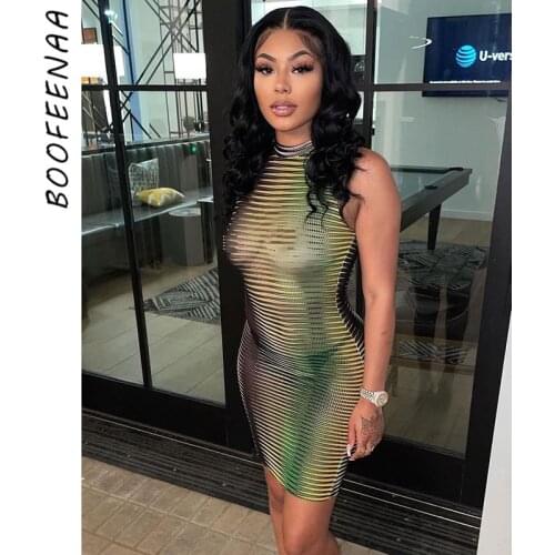 BOOFEENAA Gradient Striped Mesh Sleeveless Bodycon Mini Dress Womans Fashion 2021 Sexy Party Dresses Night Clubwear C66-BC12