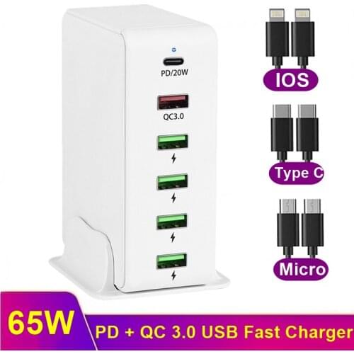 Tongdaytech 65W Multi USB Fast Charger For IPhone XS 8 12 11 Pro Max XR Samsung 5 Port Usb QC 3.0 PD Charger Carregador Portátil