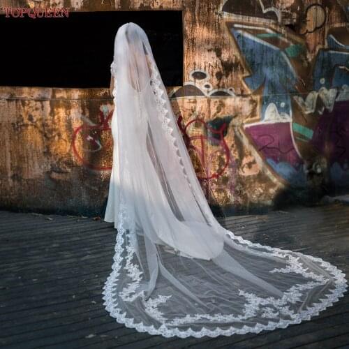 TOPQUEEN V110 Long Veil of the Bride Amanda Novias Cathedral Veil with Floral French Lace Trim Bride to Be Veil Edged in Lace