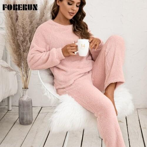 FORERUN Home Suit Women O-Neck Reversible Fleece Plush Pullover Casual Loose Warm Trousers Two Piece Set Top and Pants