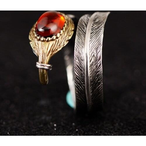 SA SILVERAGE Feather Ring Synthetic Garnet Black Agate Men Ring 925 Pure Silver Jewelry Retro Thai Silver Bird-shaped Open