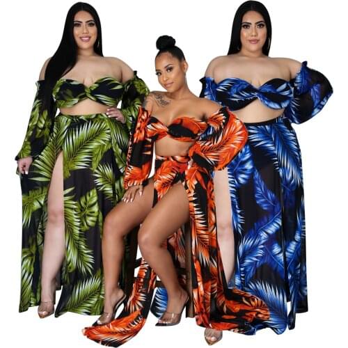 Leaf Print Summer Women Plus Size Sexy Three Pieces New Strapless Lantern Sleeve Tops Underwear Split Ankle-length Skirts Sets
