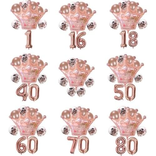 9pcs/lot Digit Crown Confetti Latex Balloon Rose Gold Large Crown With 32inch Number Foil Balloons Birthday Party Decorations